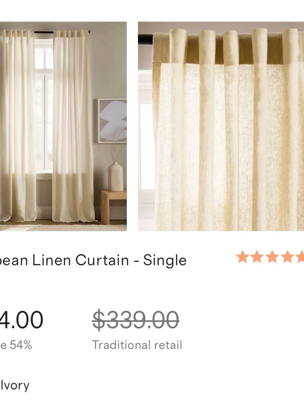 Quince Ivory European Linen Curtain Panel - Single 96x108
